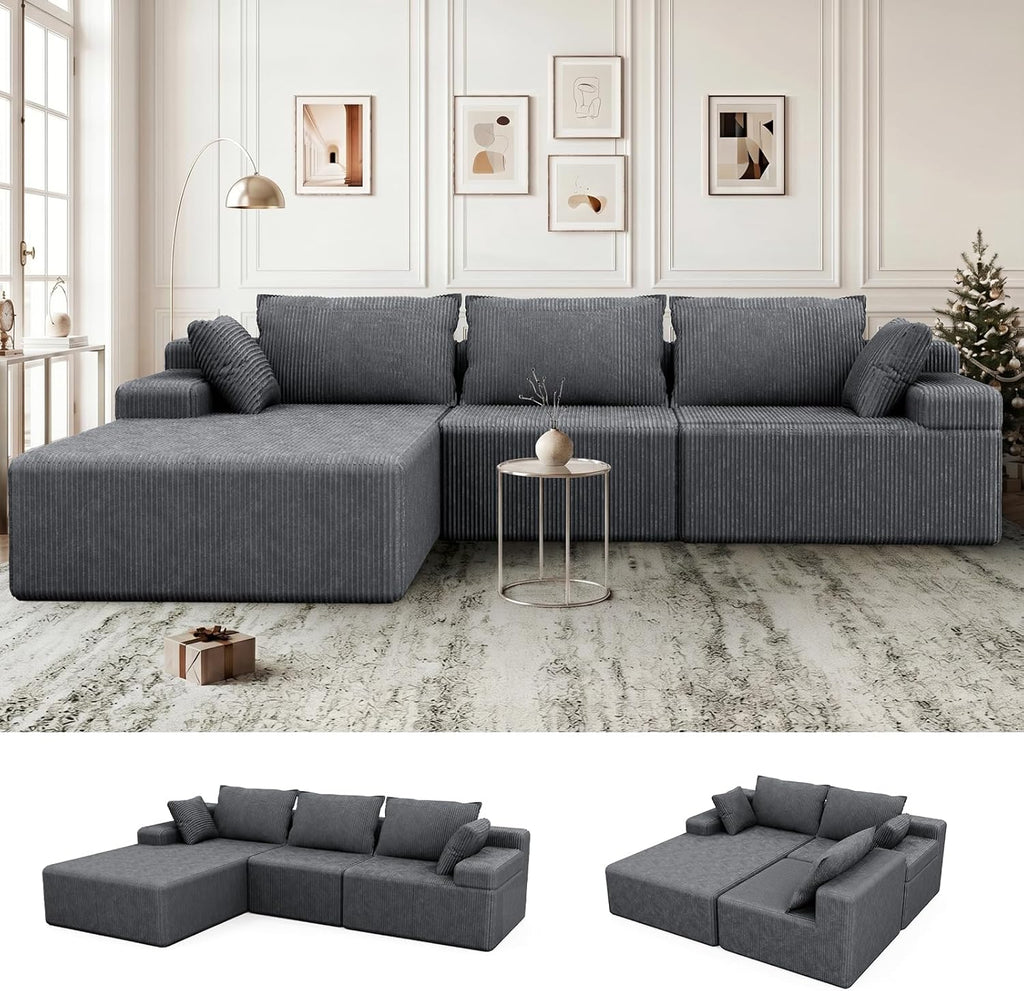Lifelink 108" Boneless Couch L-Shaped Modular Sectional: Couches for Living Room - Cloud Sofa with Deep Seat High Back - Oversized Left Facing Chaise - No Assembly Required - Grey