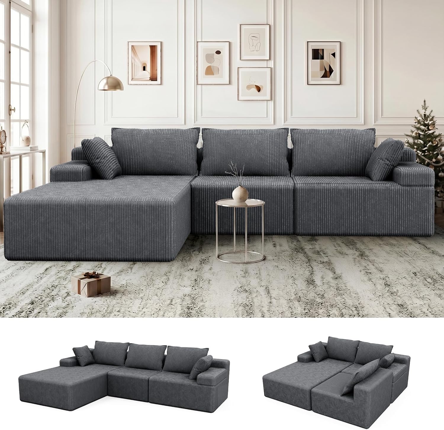 Lifelink 108" Boneless Couch L-Shaped Modular Sectional: Couches for Living Room - Cloud Sofa with Deep Seat High Back - Oversized Left Facing Chaise - No Assembly Required - Grey