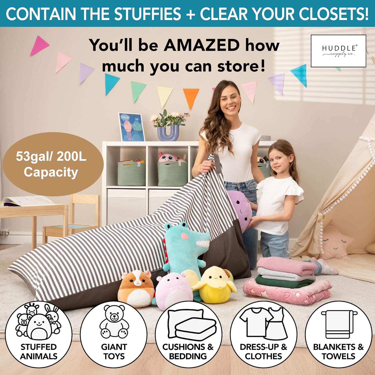 Huddle Original Stuffed Animal Storage Chair Washable Bean Bag Cover (No Filler) for the Perfect Kids Bean Bag Chair. XL Bean Bag Stuffed Animal Storage Bags | Store 100+ Toys 100% Cotton Canvas Grey