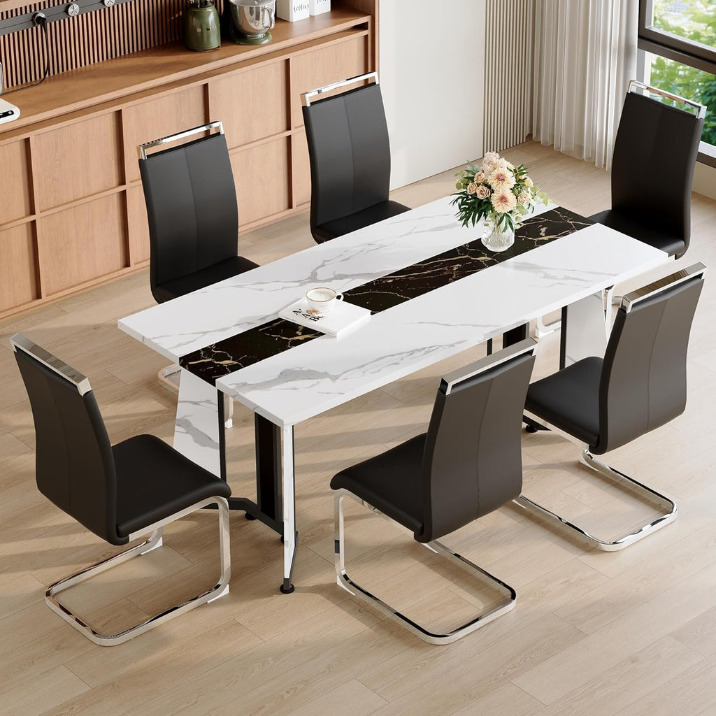 Dining Table Set for 6,White Marble 71'' Dining Room Table with Spacious legroom and Black Leather Dining Chairs,Easy Assembley,7 Pieces Kitchen Table and Chairs for Dining Room,Restaurant