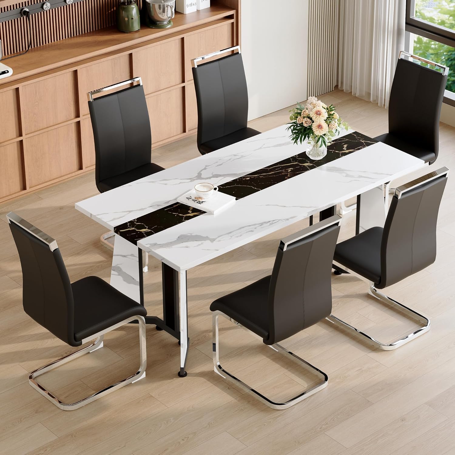 Dining Table Set for 6,White Marble 71'' Dining Room Table with Spacious legroom and Black Leather Dining Chairs,Easy Assembley,7 Pieces Kitchen Table and Chairs for Dining Room,Restaurant