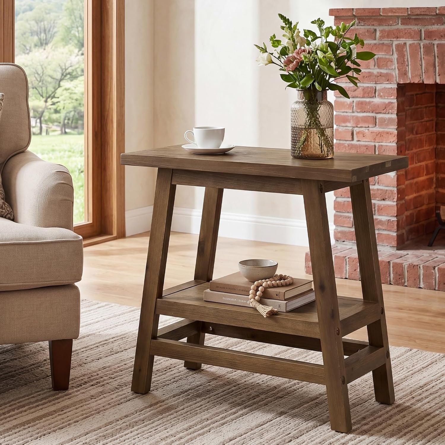 Solid Wood End Table, 2-Tier Small Side Table with Stable A-Frame, Farmhouse Narrow Nightstand, Rectangular Slim Accent Bedside Furniture for Small Spaces, Living Room, Bedroom