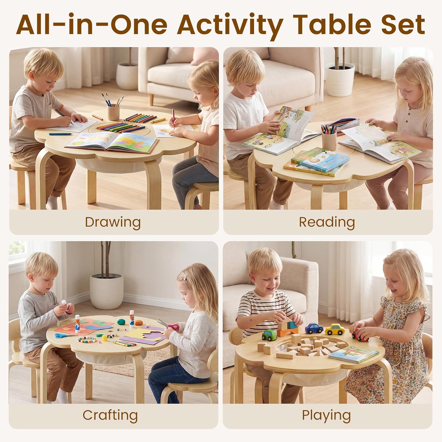Olakids Kids Table and Chair Set, Wooden Toddler Activity Desk with Center Storage Basket, Ideal 3-Piece Children Furniture for Art Crafts Playing Eating Drawing Reading