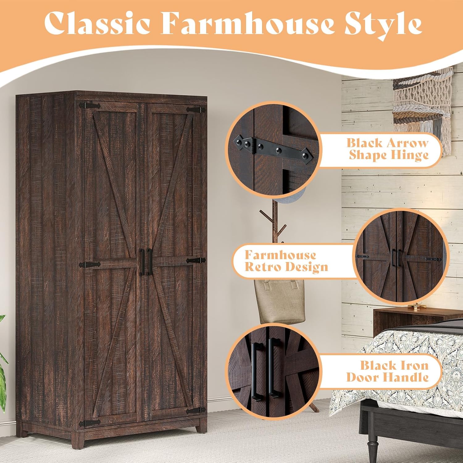 LUXOAK 70" Large Farmhouse Wardrobe Closet with Hanging Rod & Barn Doors | Wooden Bedroom Armoires with Shelf, Organized Wardrobe Cabinet for Clothing, Anti-Tip Kit, Tall Closet, Espresso