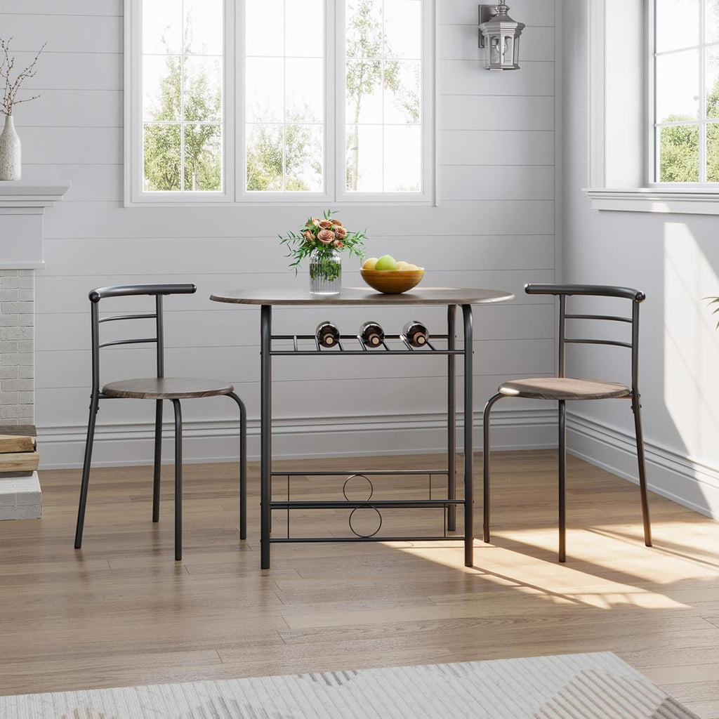 Yaheetech 3 Piece Dining Table Set, Kitchen Table & Chair Sets for 2, Compact Bistro Table Set with Steel Legs, Built-in Wine Rack for Small Space, Apartment, Breakfast Nook, Drift Brown