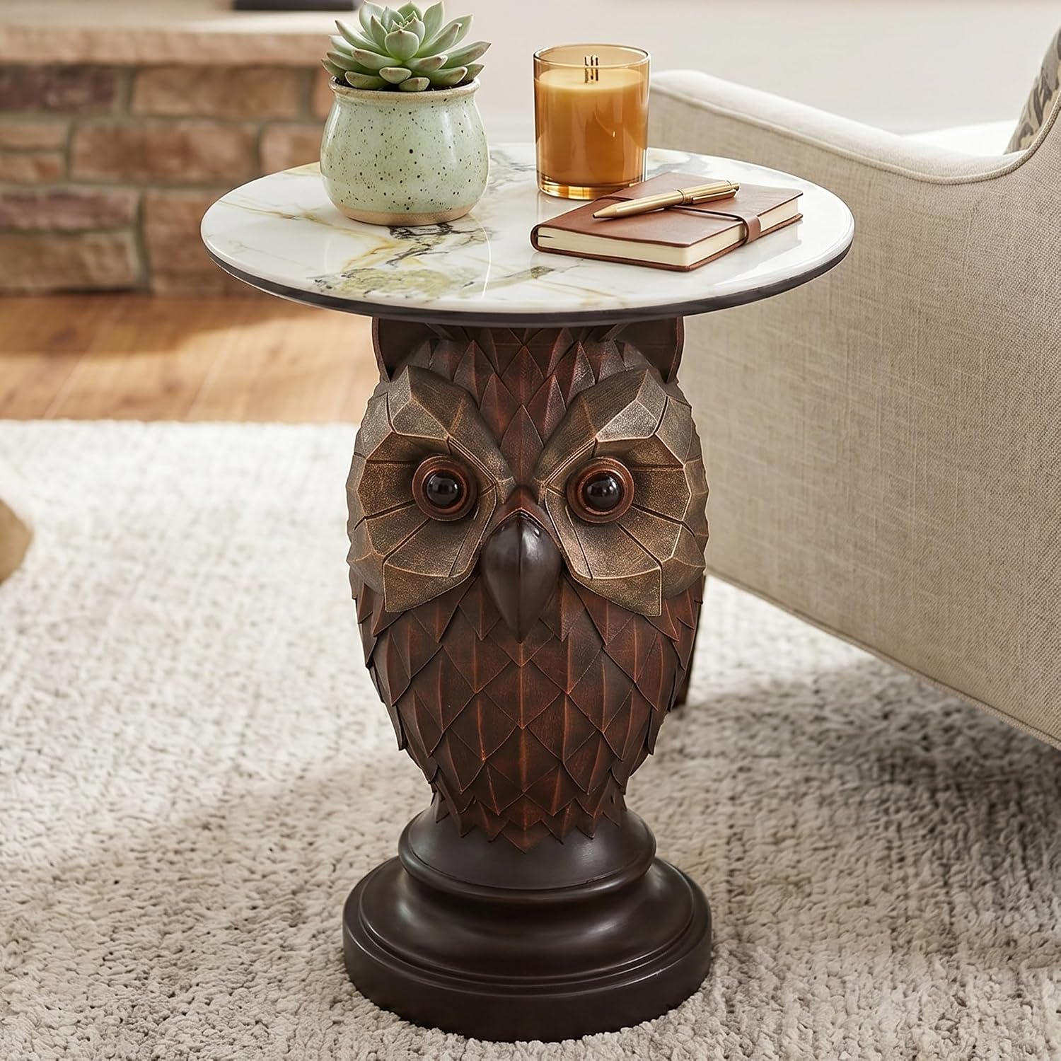 Rustic Brown Owl Accent Table - 22.83" Geometric Owl Sculpture Side Table with 17.72" Round Marble Pattern Top, Decorative Bird Statue Nightstand for Cottage & Lodge Style Interiors, 24.25 LBS