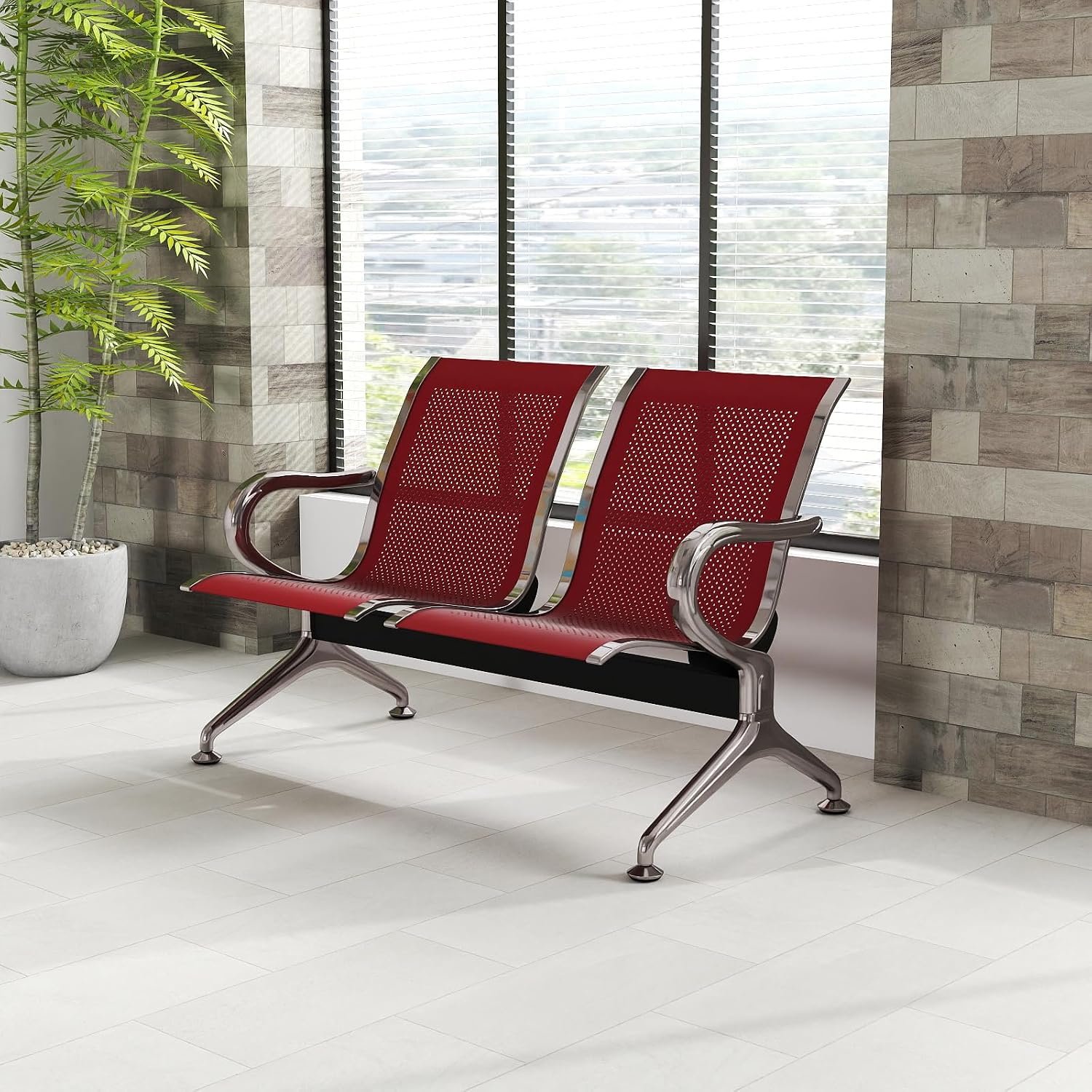 Kinfant 2-Seat Waiting Room Chair - Office Guest Reception Chairs with Ergonomic Backrests, Airport Waiting Bench with Armrests, Metal Waiting Furniture for Hospital, Bank, Salon, Dark Red