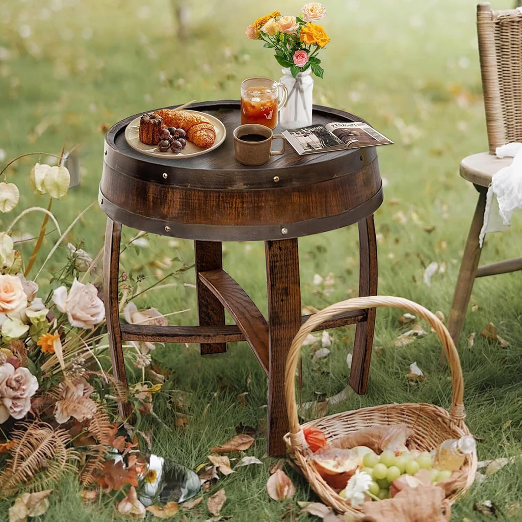 Farmhouse Coffee Table, Round Rustic End Table - Solid Wood Living Room Side Table,Handcrafted Whiskey Barrel Accent Table