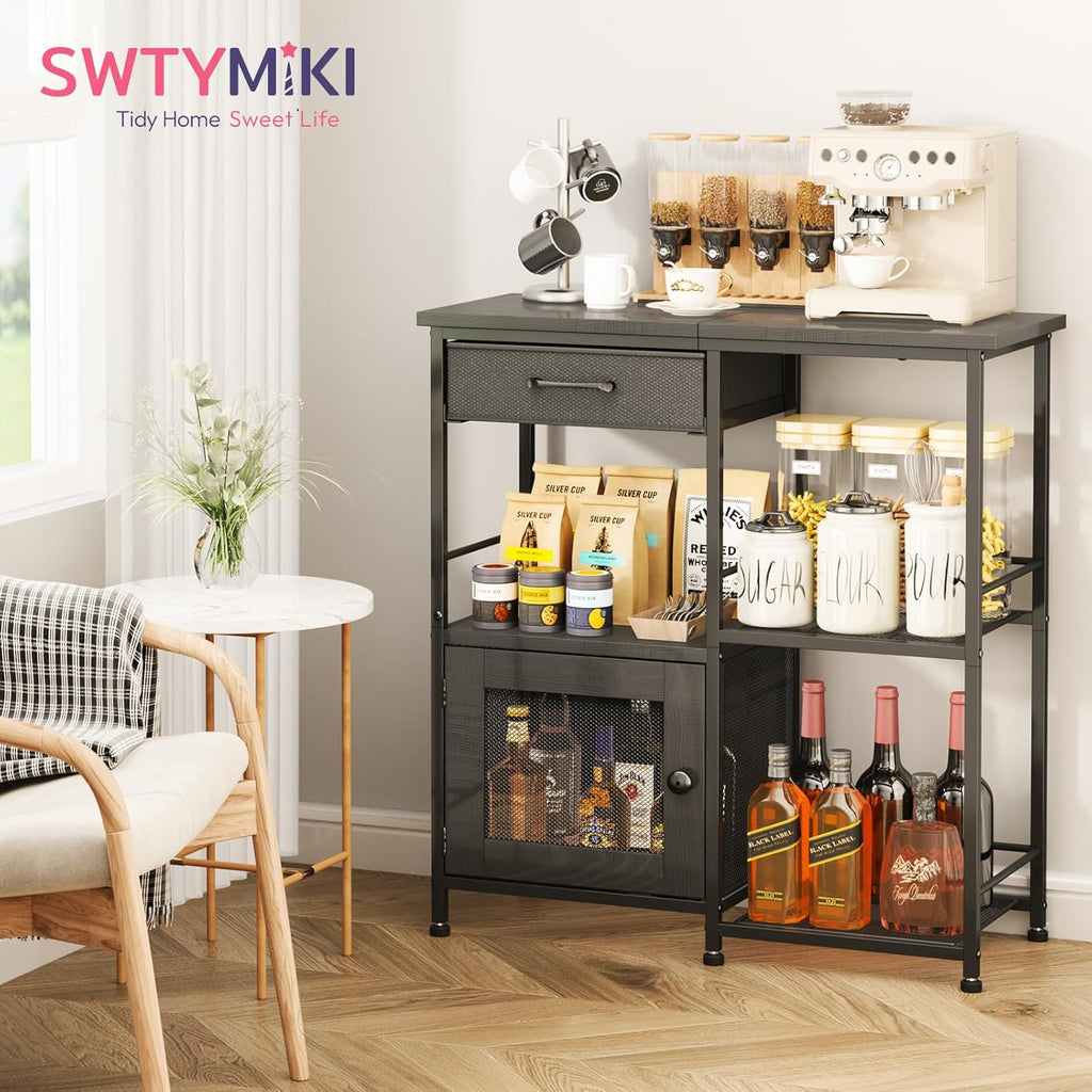 SWTYMIKI Coffee Bar Cabinet for Home - Farmhouse Coffee Stand Station Multi-Purpose Storage Cabinet with Adjustable Feet, Drawers - Kitchen Bar Table for Living Room, Corner, Small Space, Black