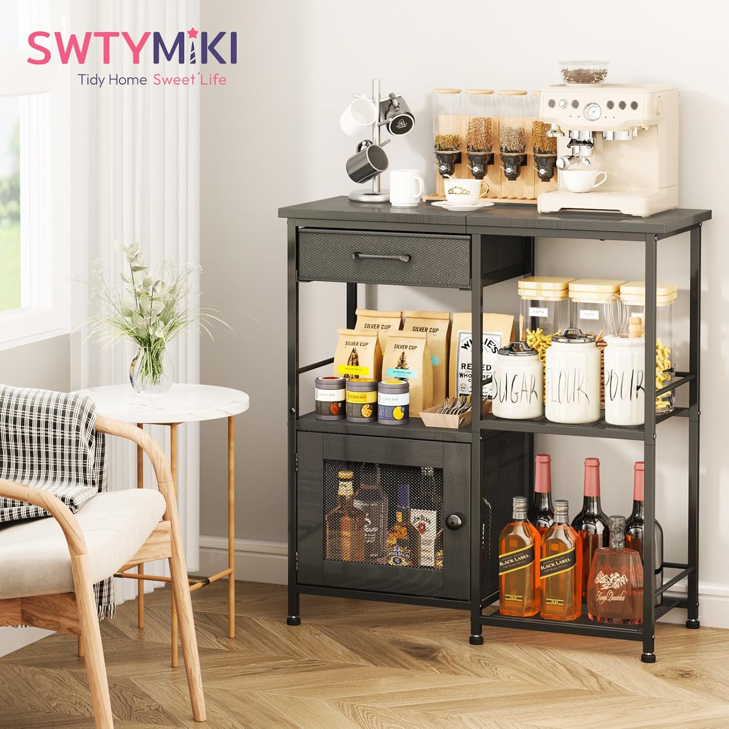 SWTYMIKI Coffee Bar Cabinet for Home - Farmhouse Coffee Stand Station Multi-Purpose Storage Cabinet with Adjustable Feet, Drawers - Kitchen Bar Table for Living Room, Corner, Small Space, Black