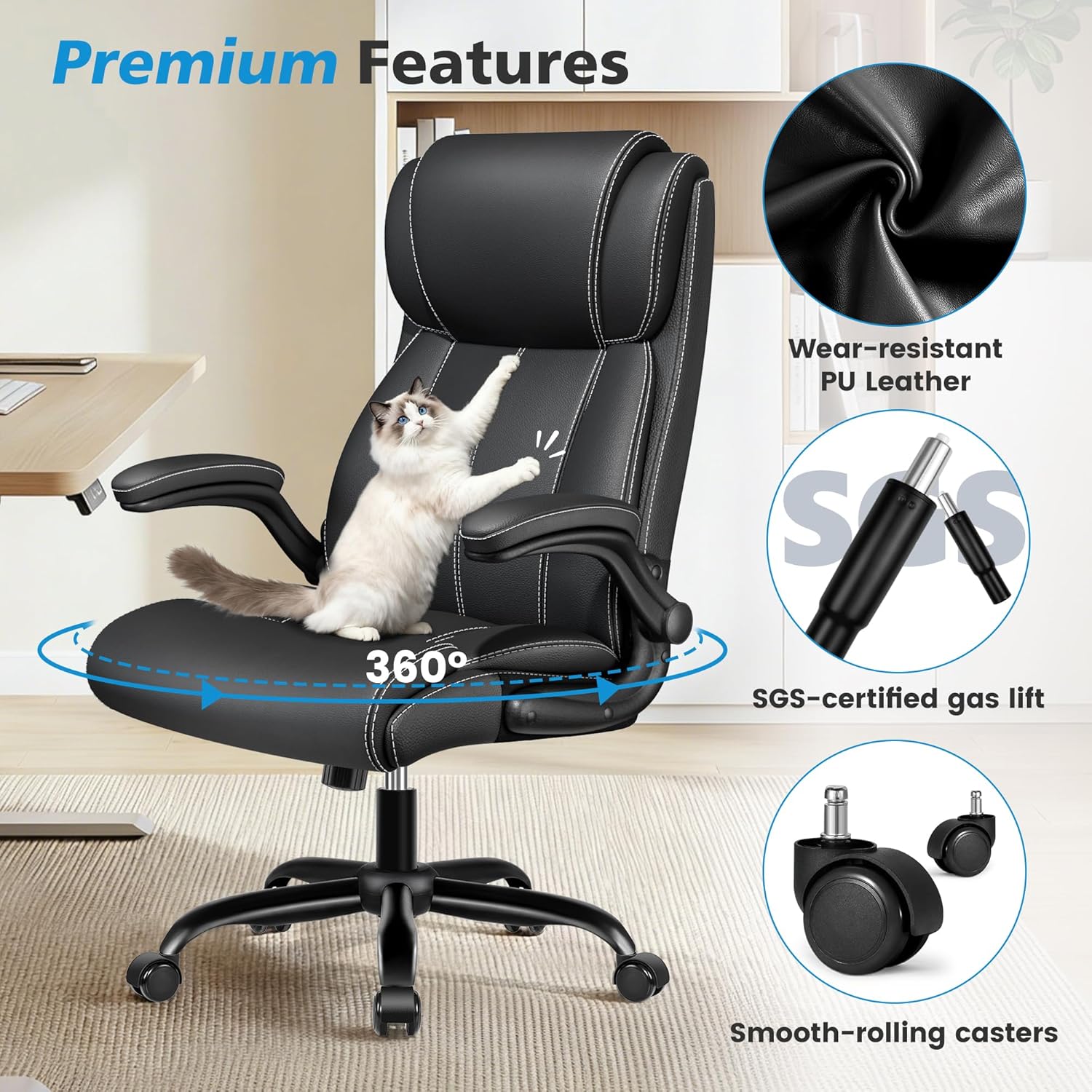 Ergonomic Office Chair – High Back Executive Leather Desk Chair with Inflatable Lumbar Support for Back Pain, Heavy-Duty Computer Desk Chair for Long Workdays, Black