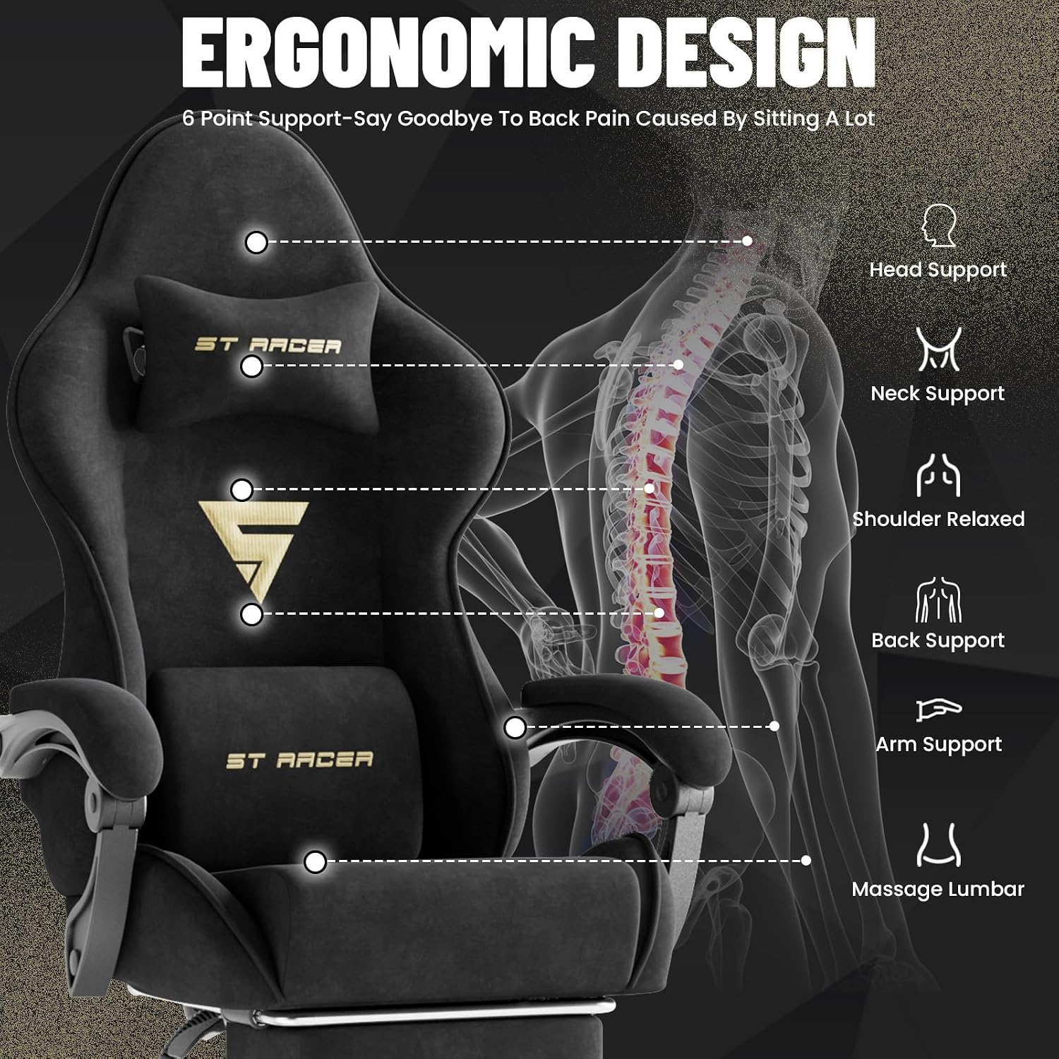 Ferghana Ergonomic Velvet Fabric Gaming Chair with Massage & Footrest, High Back Reclining Racing Computer Chair for Adults, Home Office Gaming Desk Chair, Black