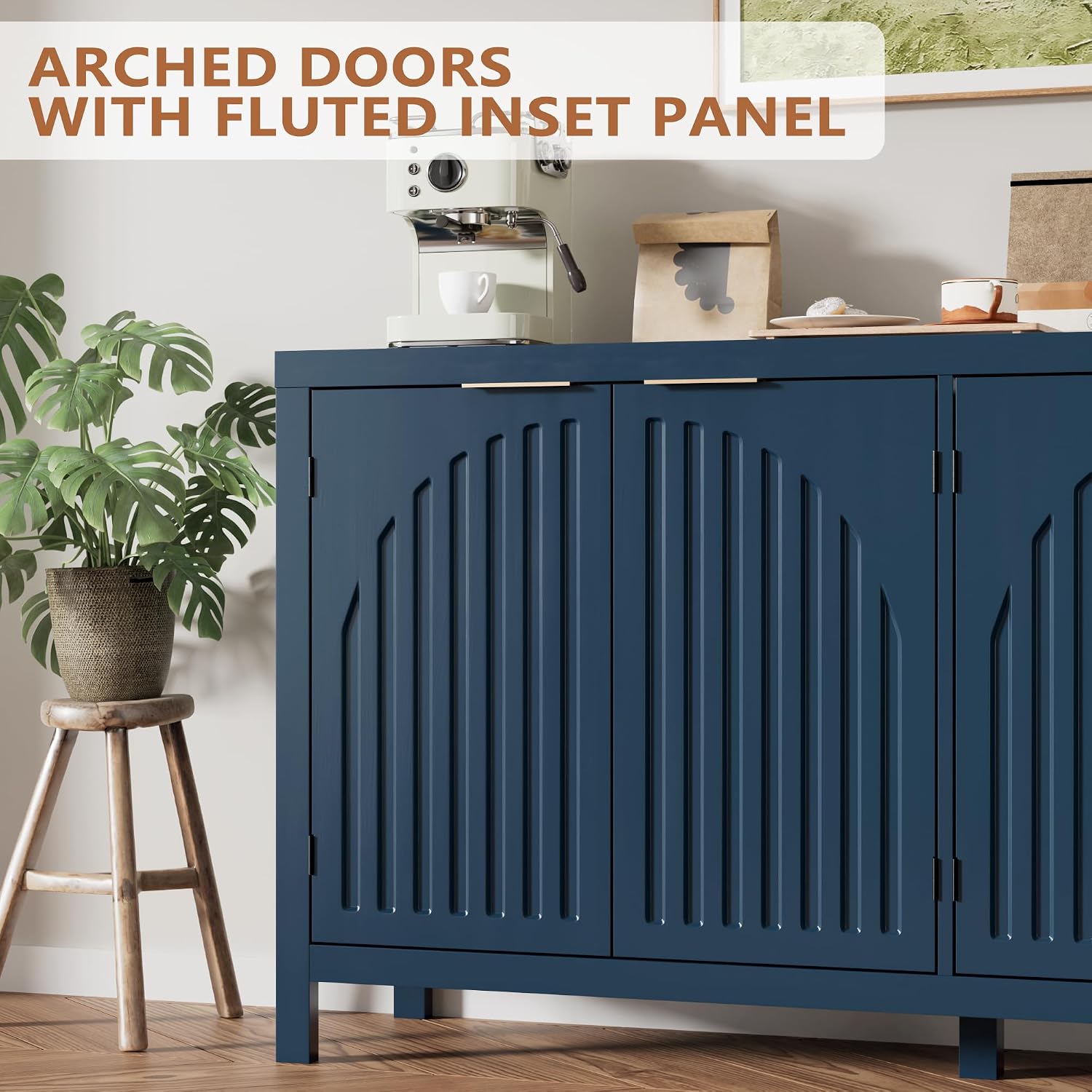 Fluted Sideboard Buffet Cabinet with Storage, 58" Mid Century Modern Accent Cabinet with Arch Doors, Large Wood Media TV Console Table Credenza for Dining Room, Kitchen, Living Room Entryway, Blue
