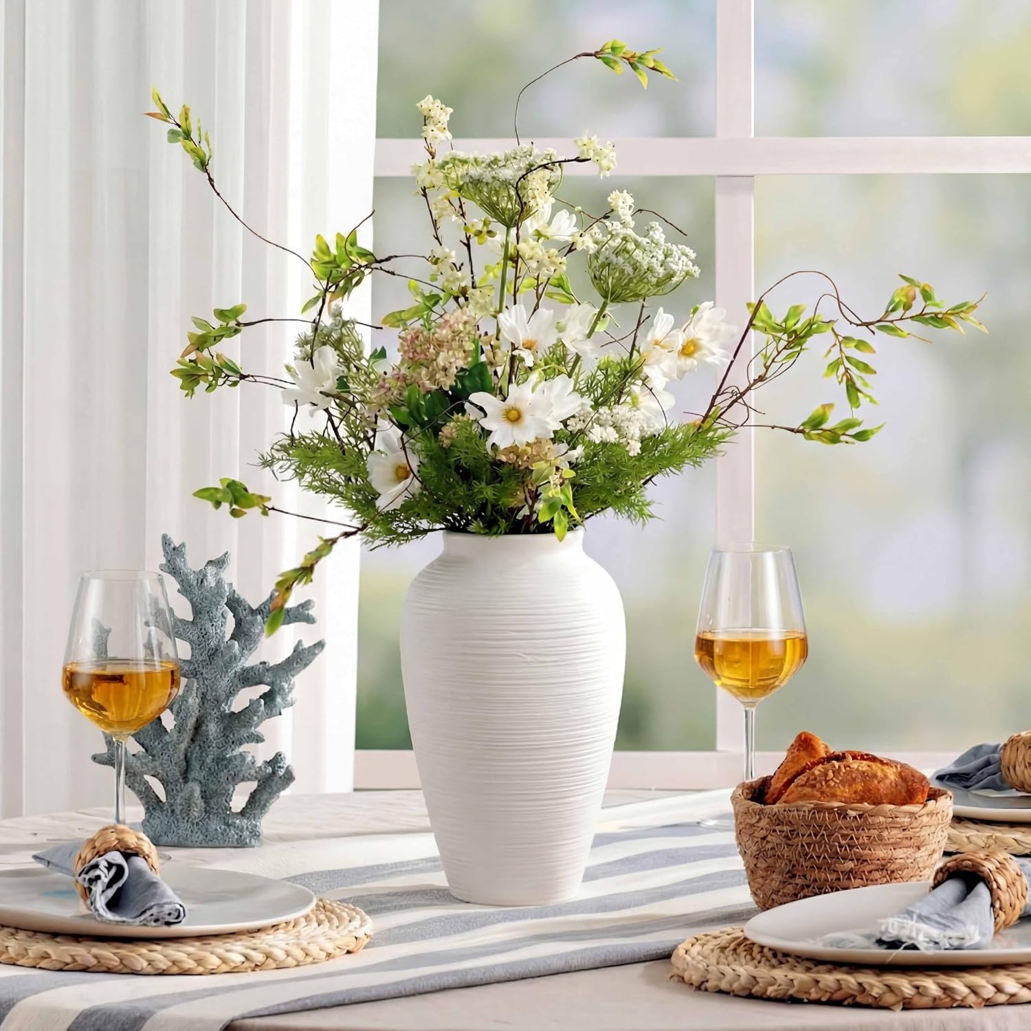 Off-White 10” Ceramic Vase for Home Decor, Farmhouse & Boho Decorative Pottery Vase for Table Centerpiece, Mantel, Shelf, Living Room, Kitchen, and Entryway (White Ribbed - 10" Medium)