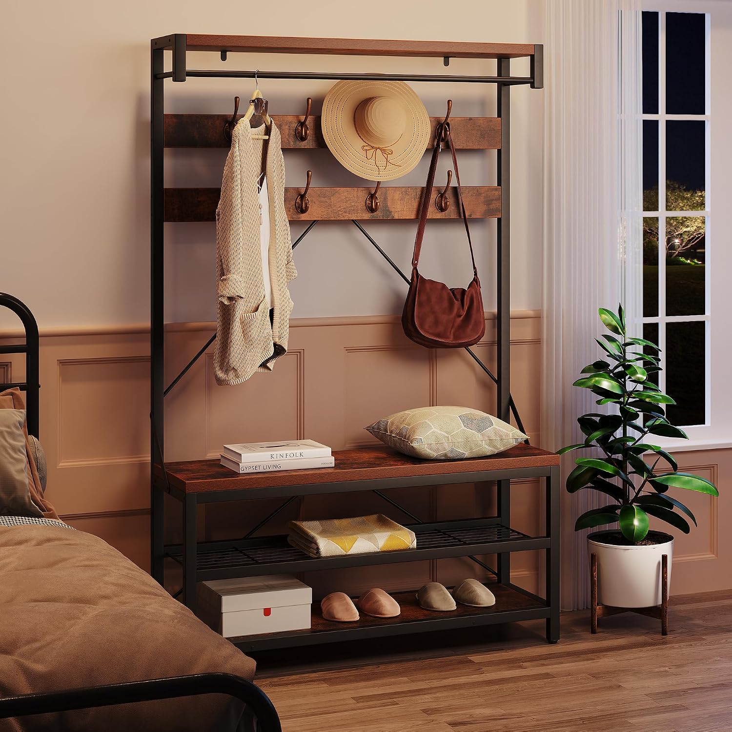 IDEALHOUSE Industrial Hall Tree with Bench and Shoe Storage, 3-in-1 Entryway Mudroom Organizer with 8 Coat Hooks, Heavy Duty Standing Clothes Rack for Hallway, Rustic Brown