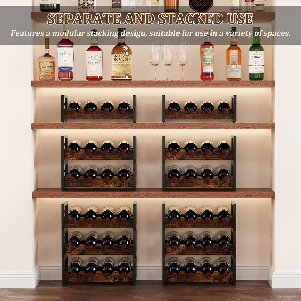 TQVAI Small Wine Racks 12 Bottle Countertop 3 Tier Wine Holder Bottle Storage Stackable Wine Racks Free Standing, Antique Brown