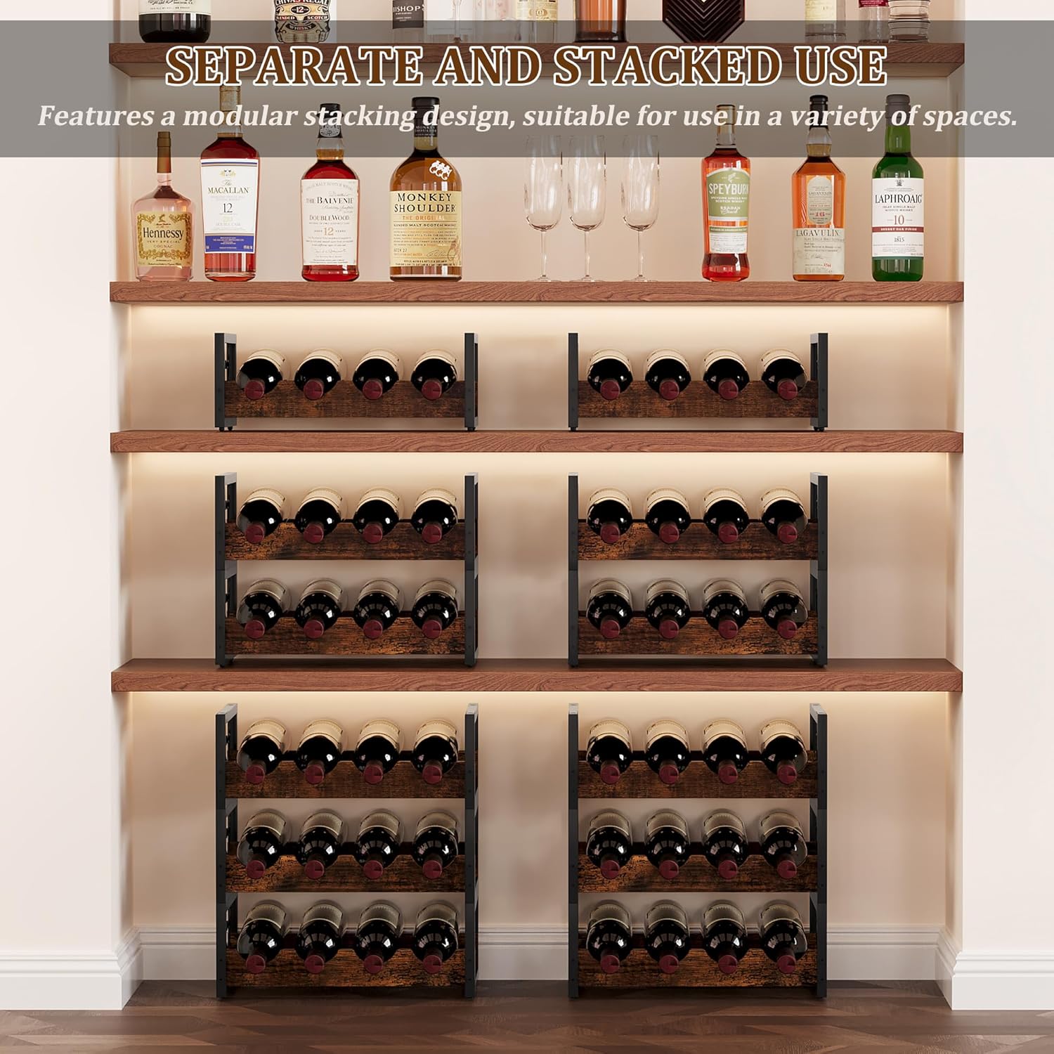 TQVAI Small Wine Racks 12 Bottle Countertop 3 Tier Wine Holder Bottle Storage Stackable Wine Racks Free Standing, Antique Brown