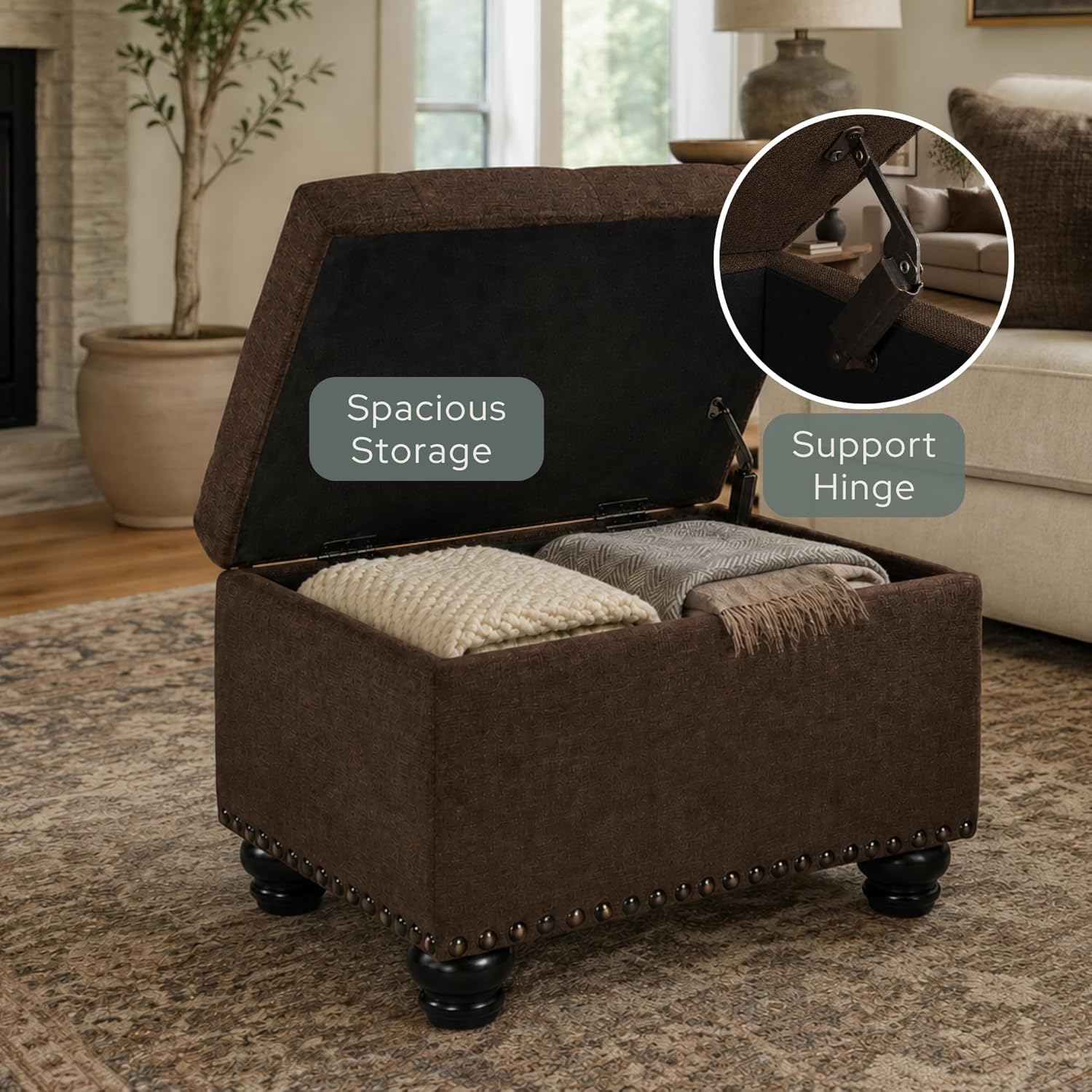 Convenience Concepts Designs4Comfort 5th Avenue Ottoman 24" - Modern Upholstered Footstool & Seat with Hinged Lid & Storage, for Living Room, Bedroom, & Entryway, Medium Brown Fabric