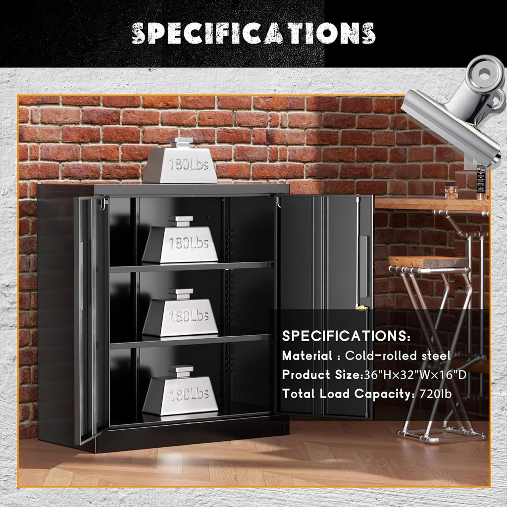 Greenvelly Metal Cabinet, 36" Locking Storage File Cabinet with Doors and Shelves for Office,Home,Gym,School,Kitchen(Black)