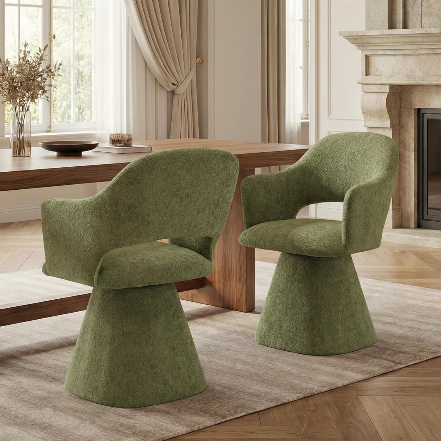 Hyfirm 360° Swivel Dining Chair with Arms Set of 2, Chenille Upholstered Barrel Accent Kitchen Chairs with Hollow High Back, Deskchair for Dining Room Bedroom Vanity, Moss Green