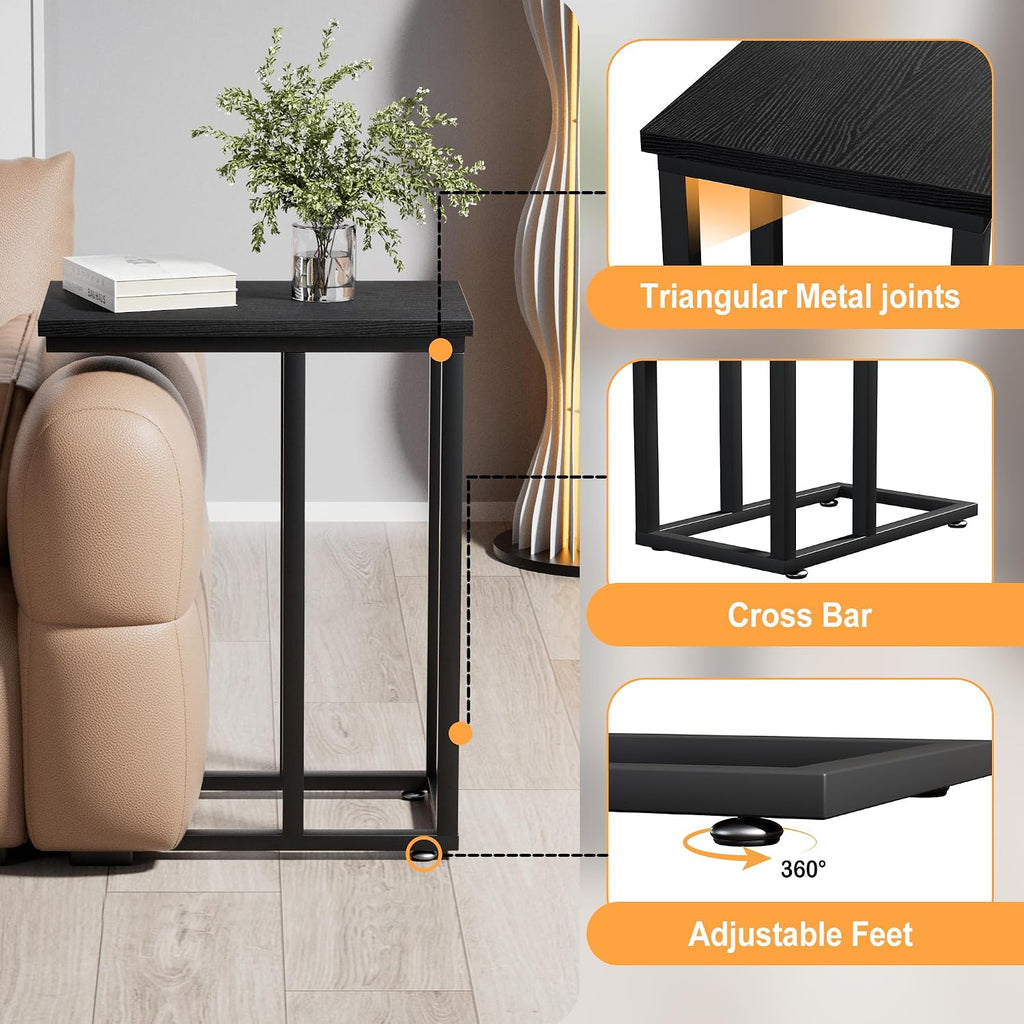VECELO Universal C-Shaped Side Table, Multi-Functional Snack & TV Tray for Living Room, Bedroom, Black (2 Set)