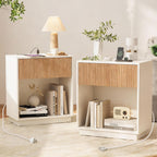 End Table with Charging Station, Fluted Nightstands Set of 2,Modern Bedside Table with Drawer and Storage Shelf, Wood End Table Mid Century Night Stands for Bedroom Living Room(White+Oak)