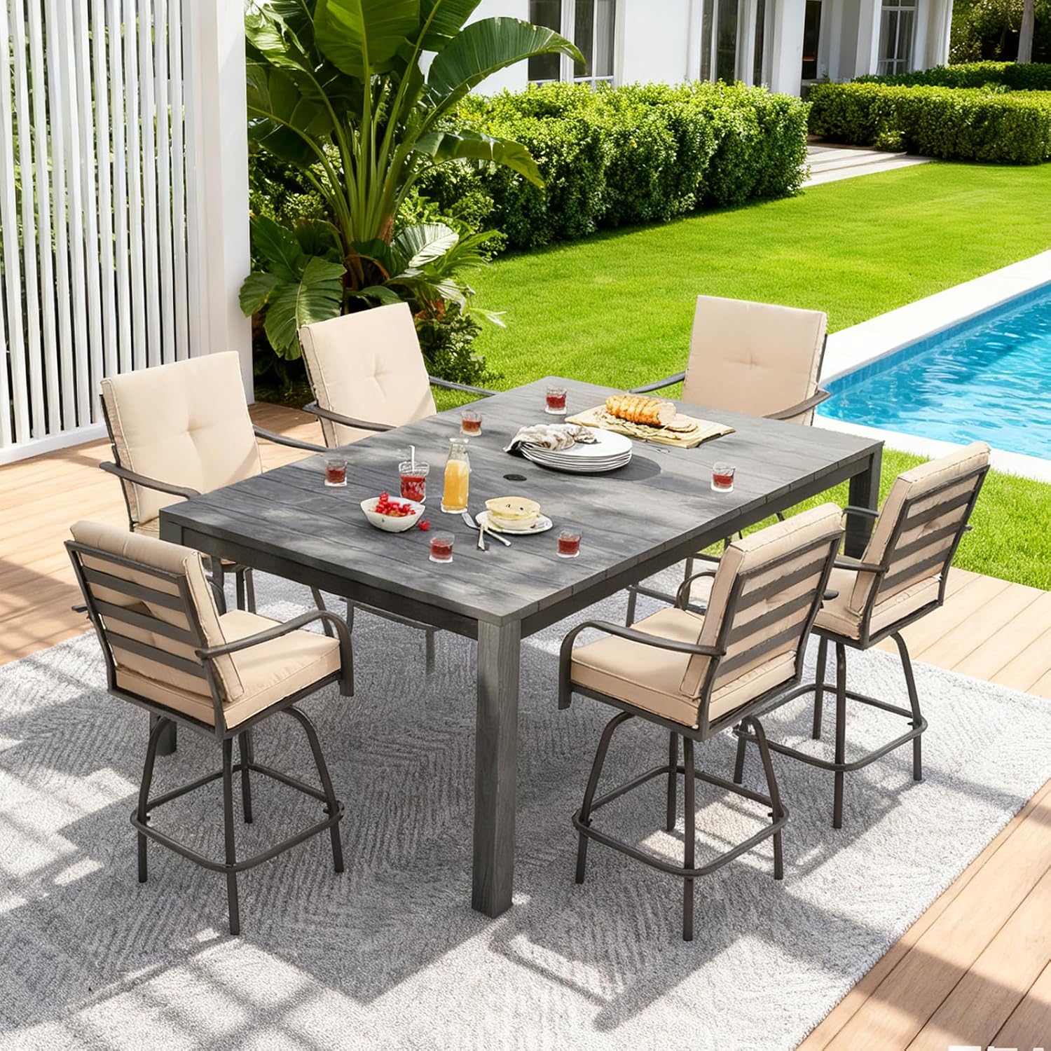 Patio Swivel Bar Stools, Outdoor Bar Height Swivel Chairs Set of 2 with Cushion & All Weather Steel Frame for Backyard, Lawn, Poolside and Balcony, Beige