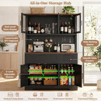 Unikito 71" Tall Pantry Cabinet, Kitchen Pantry Storage Cabinet with Charging Station & LED Lights, Freestanding Microwave Stand Coffee Bar Hutch with Drawers & DIY Pegboard for Dining Room, Black