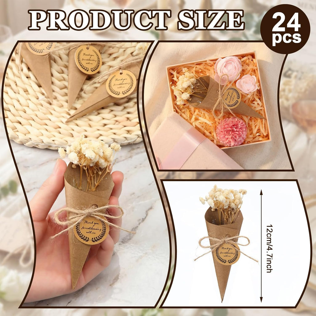 Unittype 24 Pcs Wedding Chocolate Mini Dried Flower Cones Holder Bulk Dried Flowers Bundle with Kraft Paper Cone, Wedding Graduation Baby Shower Flowers Party Favors for Guests DIY Crafts Gifts