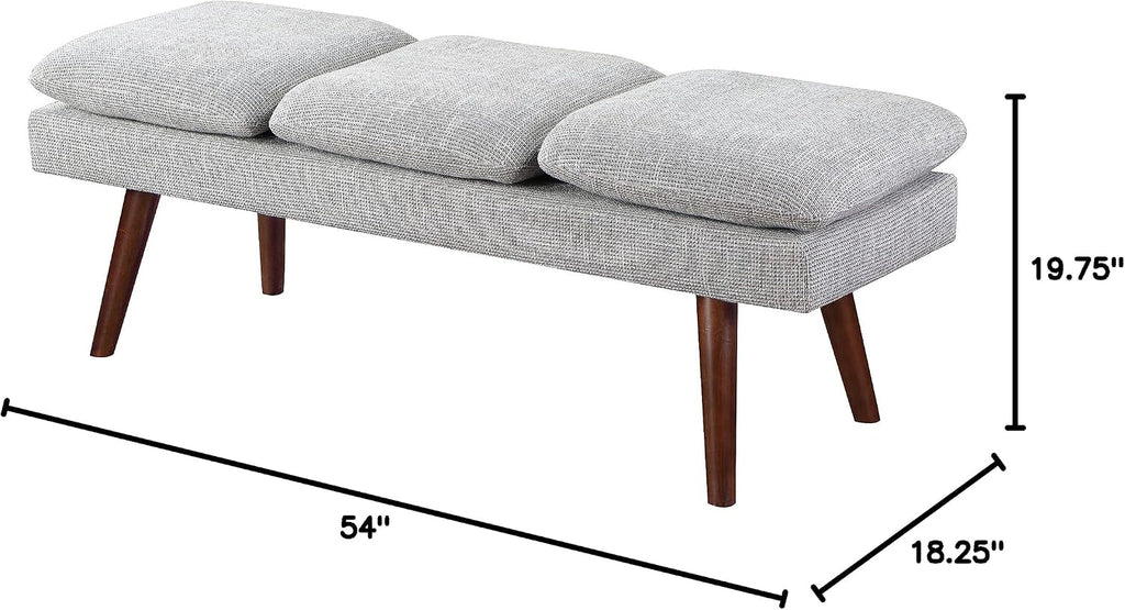 OSP Home Furnishings Amanda Mid-Century Modern Upholstered Bench with Solid Wood Tapered Legs, 54-inches, Grey Fabric