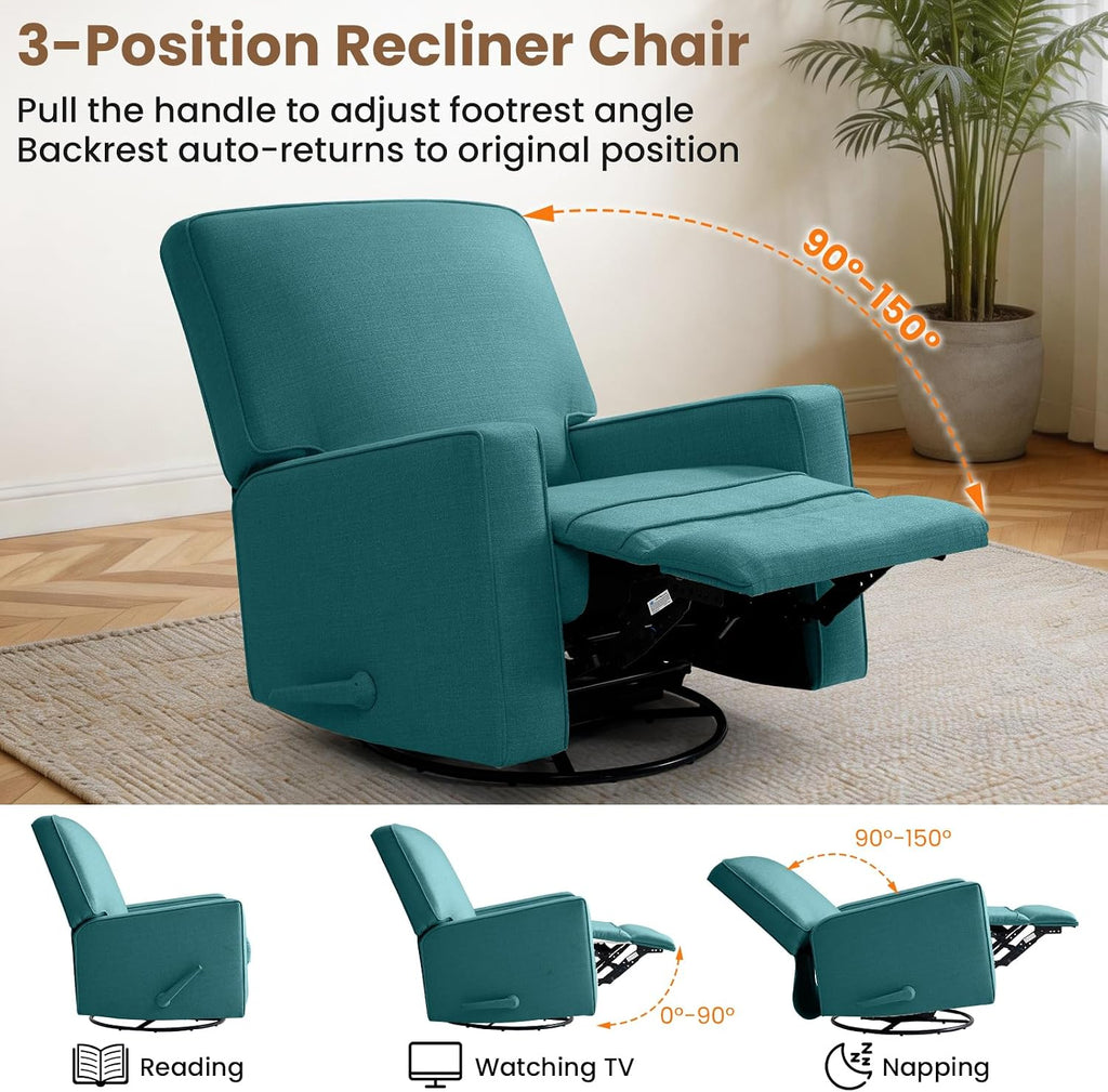 Swivel Rocker Recliner Chair, 360°Swivel Nursery Chair for Adults, Manual Reclining 30°Rocking Glider with Linen Fabric, Solid Wood & Metal Frame, Living Room, Bedroom
