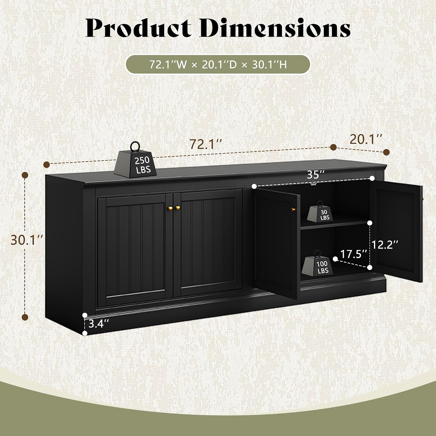 AMERLIFE 72" Modern Sideboard Buffet Cabinet with Vertical Grooved Doors, Storage Console Table with Adjustable Shelves, Coffee Bar/TV Stand for Dining Room, Living Room, Kitchen, Entryway, Black