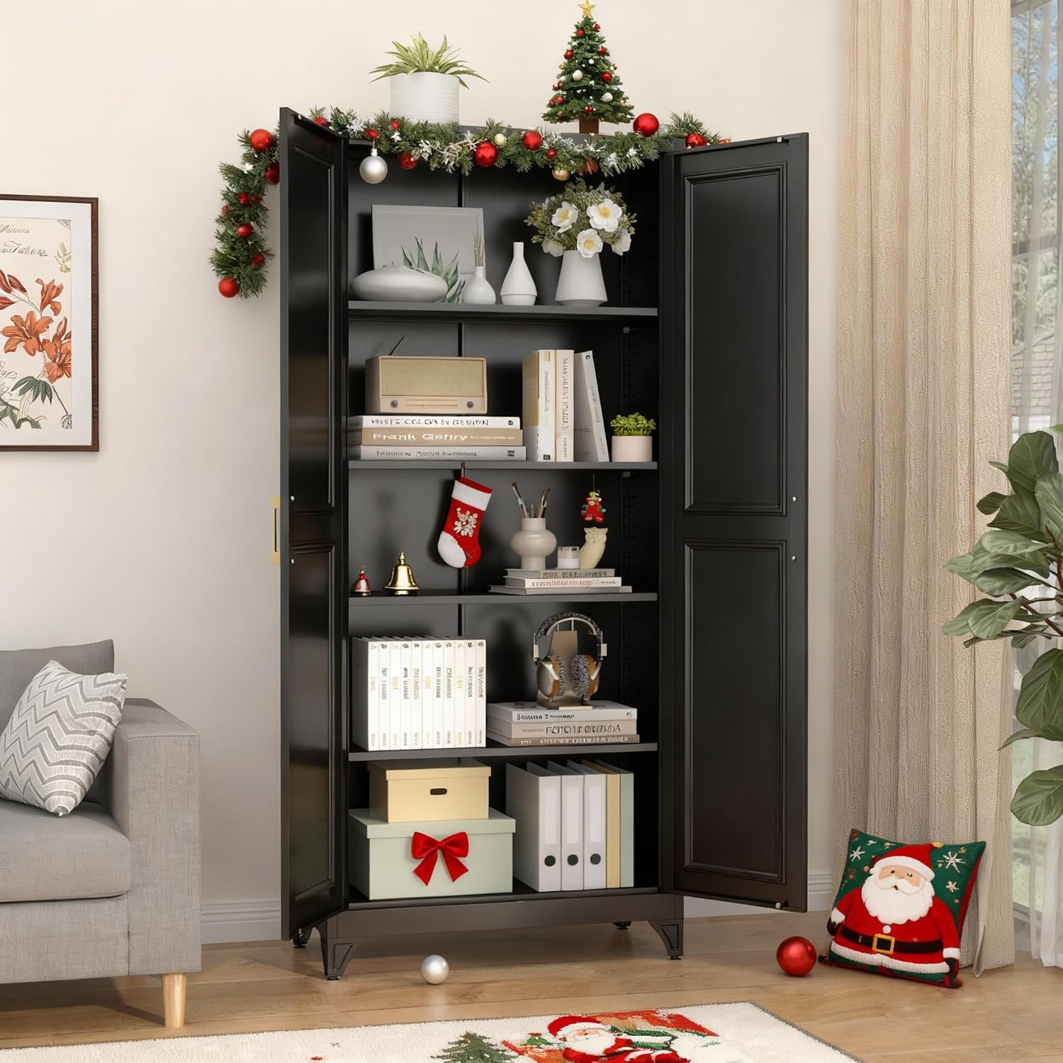 SteeLoong Kitchen Pantry Cabinet,75”Black Metal Storage Cabinets with Doors and 4 Adjustable Shelves,Kitchen Cabinet with 2 Gold Handles,Tall Cabinet for Livingroom, Bathroom