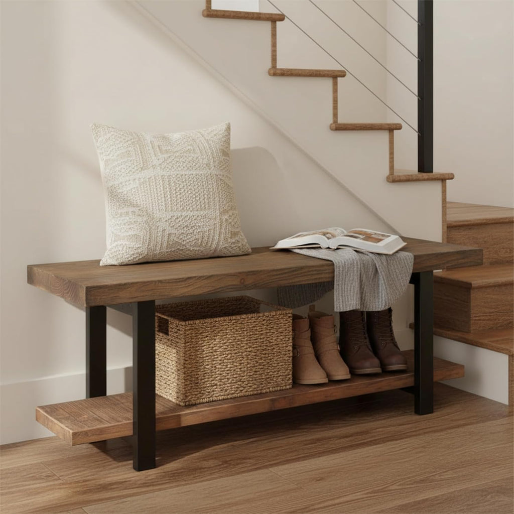 Alaterre Furniture Pomona Entryway Bench – Modern Rustic 48-Inch Solid Wood Bench with Open Bottom Storage Shelf – Farmhouse Hallway Seating for Mudroom or Foyer (Rustic Brown)
