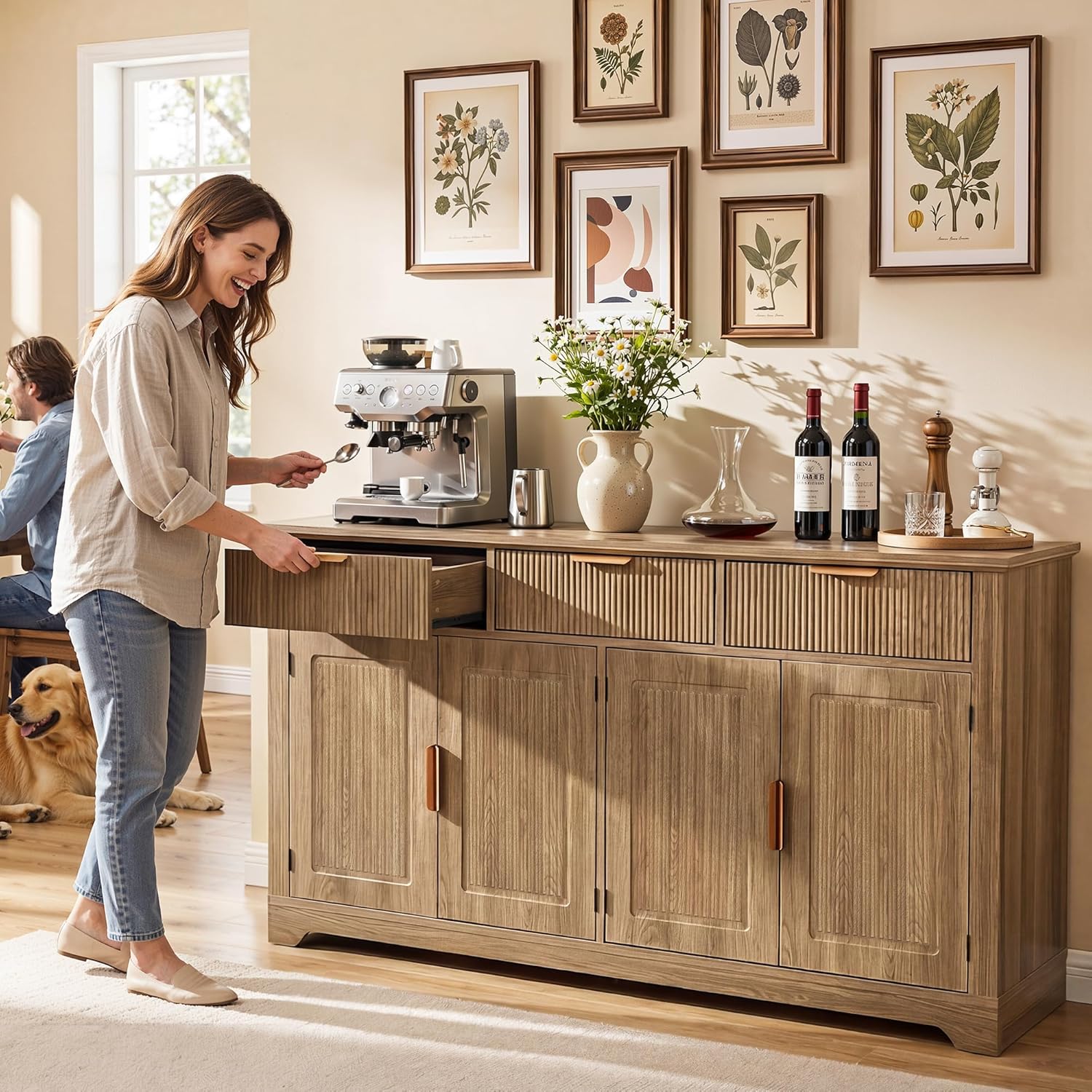 YITAHOME 59" Fluted Sideboard Buffet Cabinet with Storage, Wood Kitchen Storage Cabinet with Adjustable Shelves & Drawers, Mid Century Modern Credenza for Kitchen, Living Room, Entryway (Natural Oak)