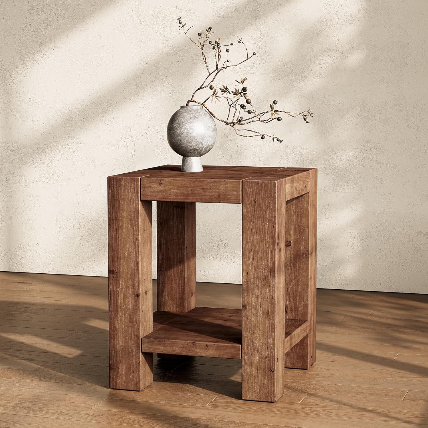 Solid Wood Side Table Set of 2, Farmhouse 2-Tier End Tables with Storage Shelves for Small Spaces, Living Room, Bedroom, Rustic Brown
