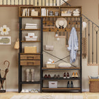 Itaar Hall Tree with Bench and Shoe Storage, 7-in-1 Entryway Bench with Coat Rack, 3 Storage Cubbies, 3 Open Shelves, 17 Coat Hooks, 2 Fabric Drawers (Rustic Brown)
