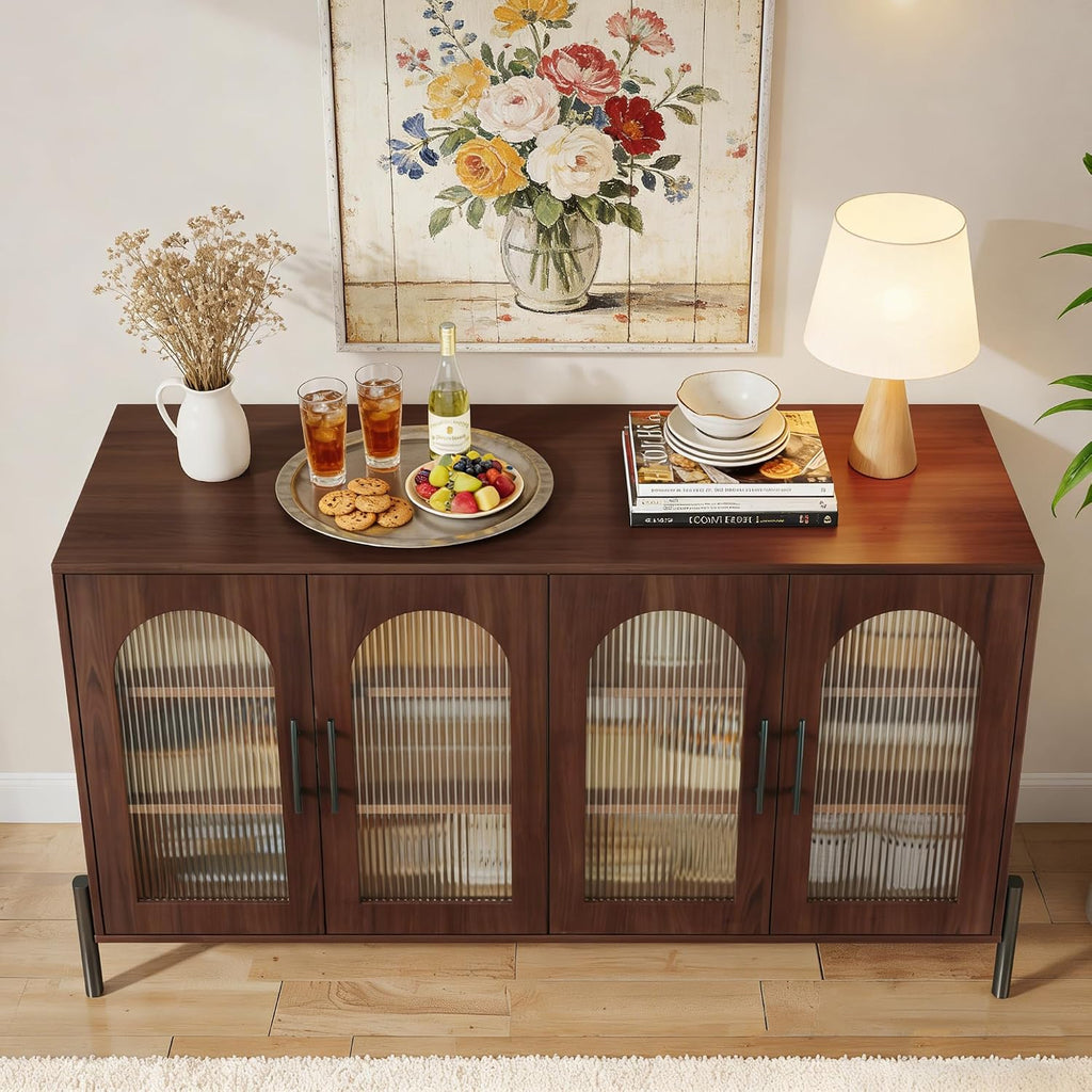 HUAHUU 55" Buffet Cabinet with Storage, Large Sideboard Cabinet with Fluted Doors & Adjustable Shelves, Modern Kitchen Storage Cabinets for Living Room, Entryway, Walnut
