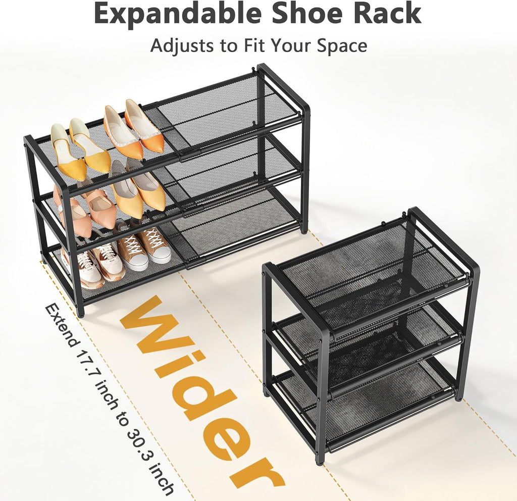 Gewudraw 3 Tier Expandable Shoe Rack, Adjustable Heavy Duty Metal Shoe Organizer for Closet, Shoe Storage for Entryway, Garage, Bedroom, Door Entrance, Black
