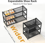 Gewudraw 3 Tier Expandable Shoe Rack, Adjustable Heavy Duty Metal Shoe Organizer for Closet, Shoe Storage for Entryway, Garage, Bedroom, Door Entrance, Black