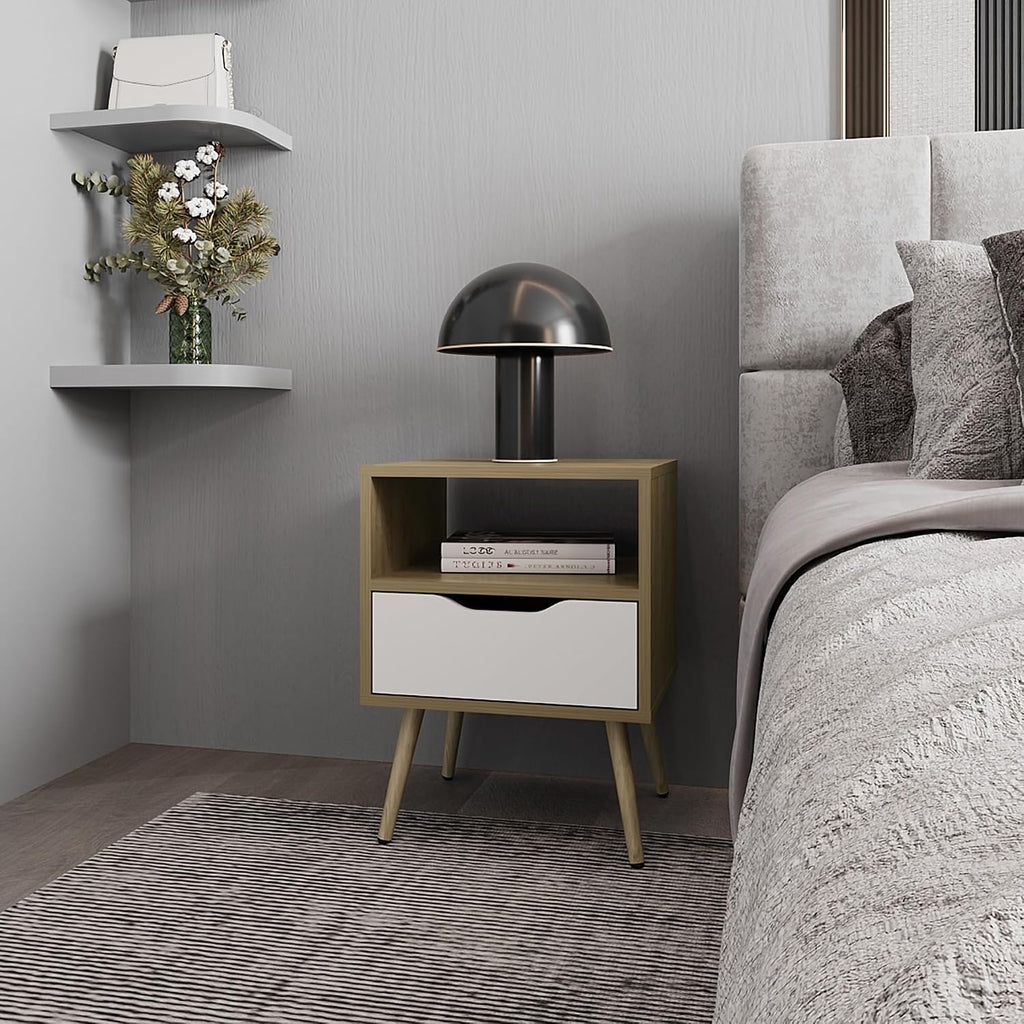 Nightstand with Open Storage, Natural Oak and White,for Small Spaces