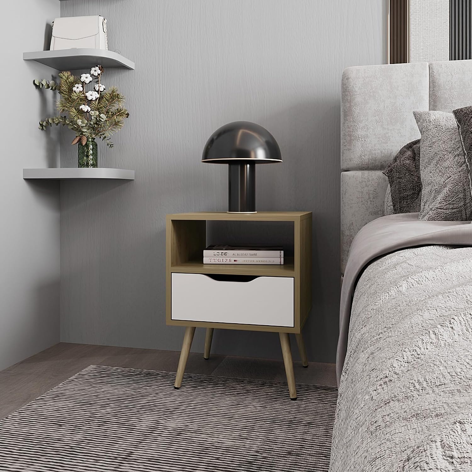 Nightstand with Open Storage, Natural Oak and White,for Small Spaces