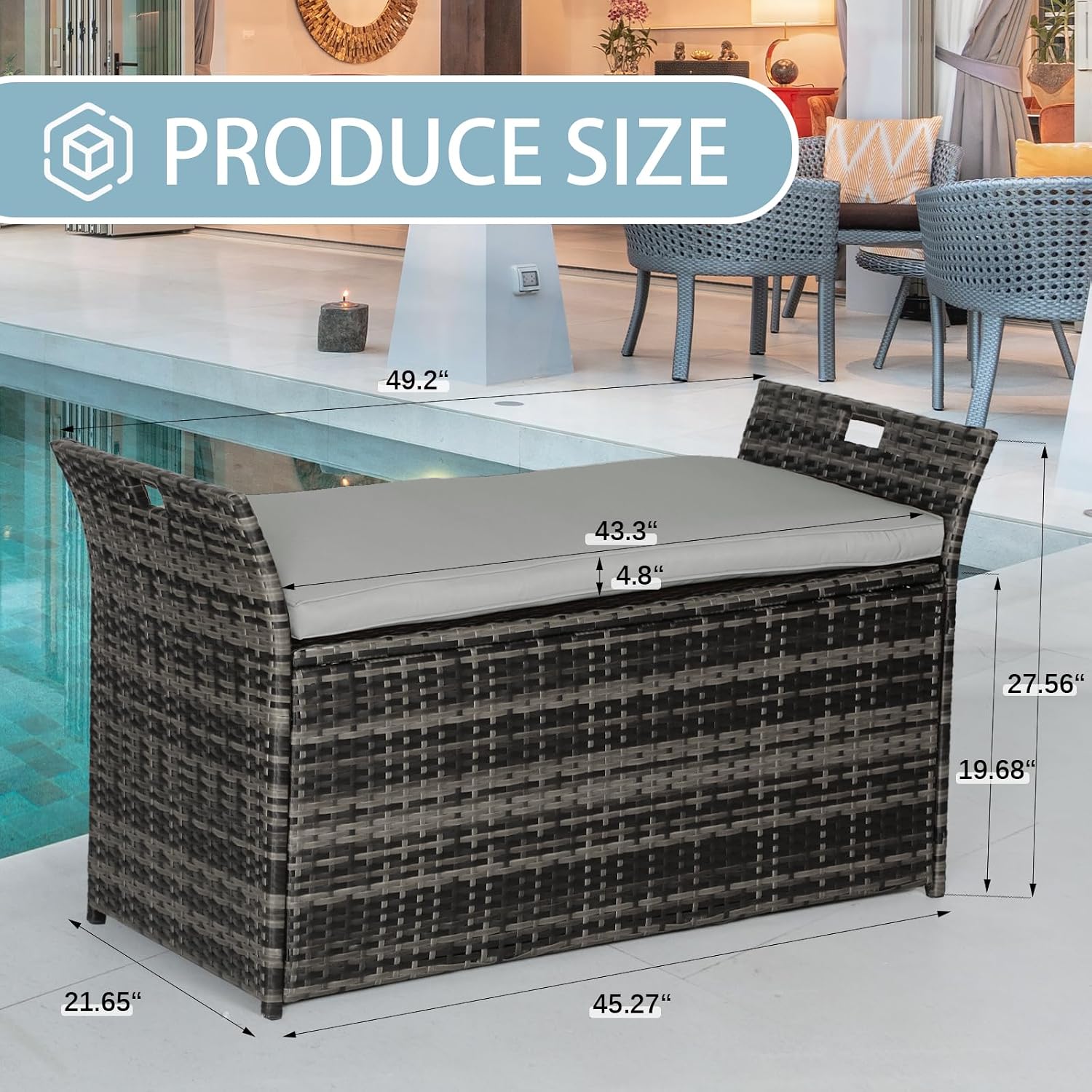 Oakcloud 75 Gallon Patio Storage Bench, Outdoor Wicher Garden Furniture Storage Deck Box Bench with Handles and Cushion, Grey