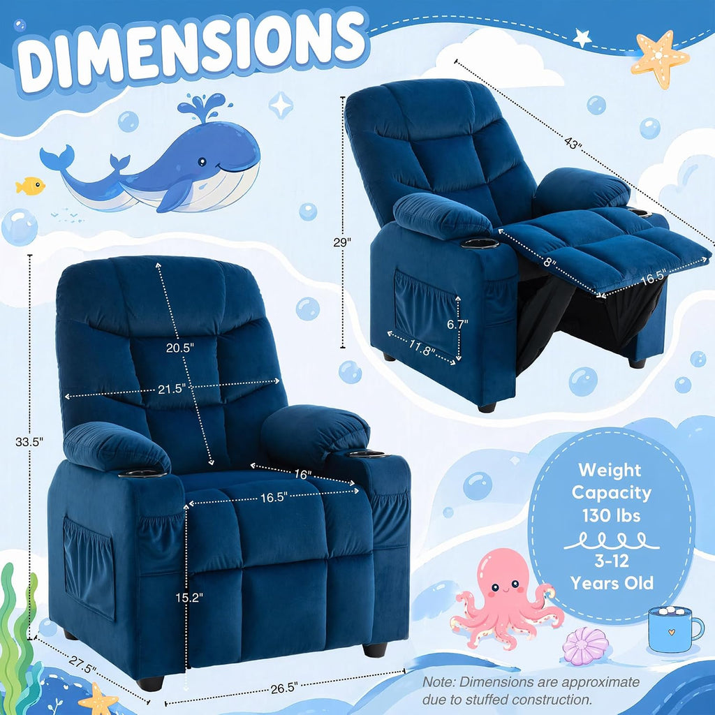Velvet Larger Kids Reclining Chair Fabric Recliner Sofa Push Back Children Ages 3-12 with Dual Cup Holders and 4 Pockets