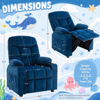 Velvet Larger Kids Reclining Chair Fabric Recliner Sofa Push Back Children Ages 3-12 with Dual Cup Holders and 4 Pockets