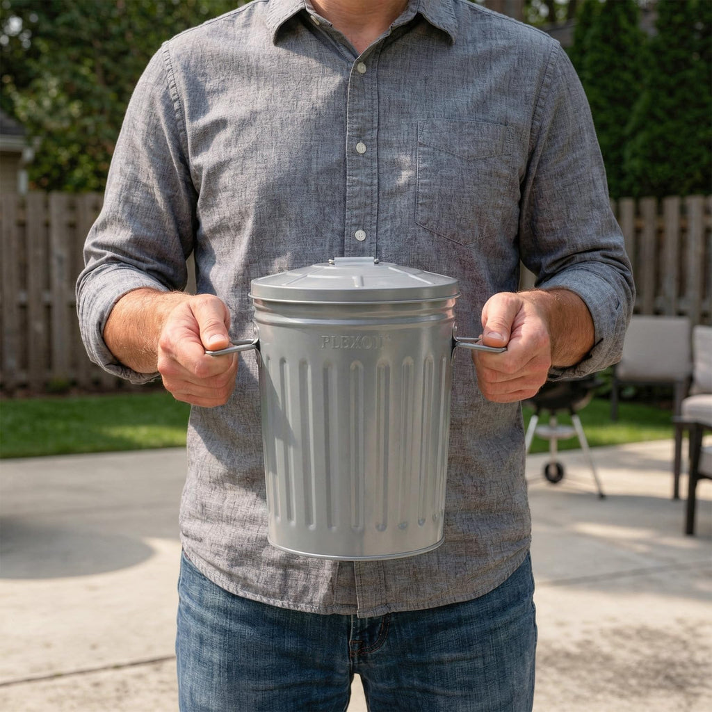 Plexon 2 Gallon Small Metal Trash Can with Lid Bathroom Garbage Can with Lid Bathroom Trash Can for Bedroom Office Kitchen Indoor Waste Basket, Round Powder Coated Gray Bucket