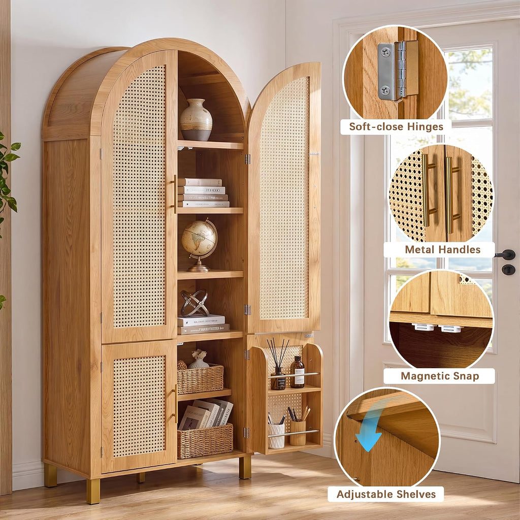 71" Tall Arched Pantry Cabinet with 4 Rattan Doors, 6-Tier Adjustable Shelves, 4 Built-in Door Racks, Rattan Storage Cabinet for Kitchen Dining Room, Soft-Close & Anti-tip Design, Oak
