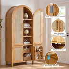 71" Tall Arched Pantry Cabinet with 4 Rattan Doors, 6-Tier Adjustable Shelves, 4 Built-in Door Racks, Rattan Storage Cabinet for Kitchen Dining Room, Soft-Close & Anti-tip Design, Oak