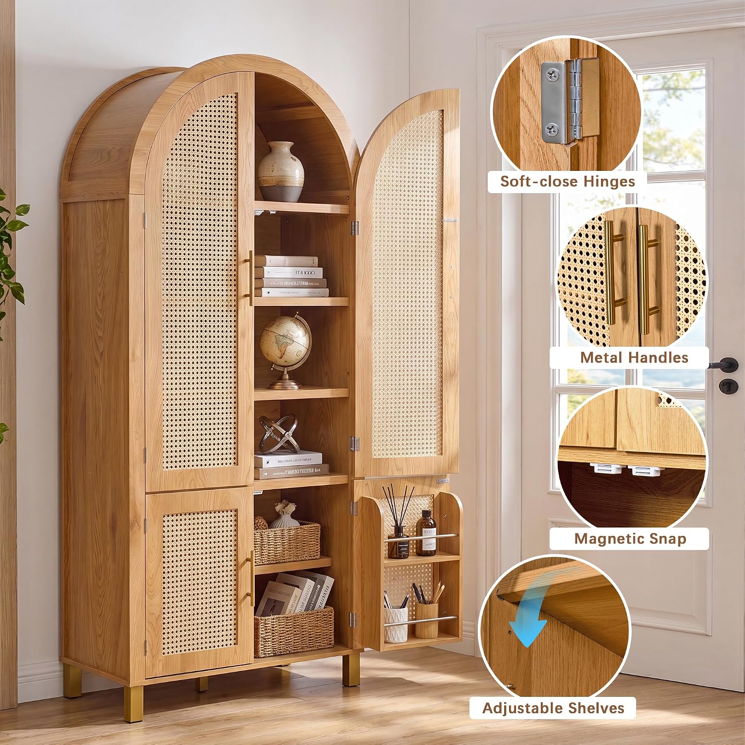 71" Tall Arched Pantry Cabinet with 4 Rattan Doors, 6-Tier Adjustable Shelves, 4 Built-in Door Racks, Rattan Storage Cabinet for Kitchen Dining Room, Soft-Close & Anti-tip Design, Oak