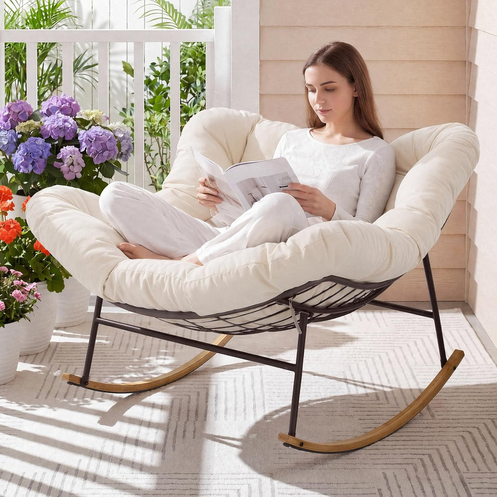 ONBRILL Outdoor Papasan Rocking Chair, Oversized Rocking Chair with Thick Cushion, 450 Lbs Heavy Duty Patio Rocking Egg Chair, Natural Wood Color Metal Rocker Chair for Balcony Porch, Cream White